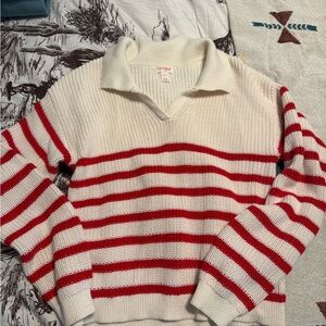 Cat & Jack Cream and Red Striped V-Neck Sweater